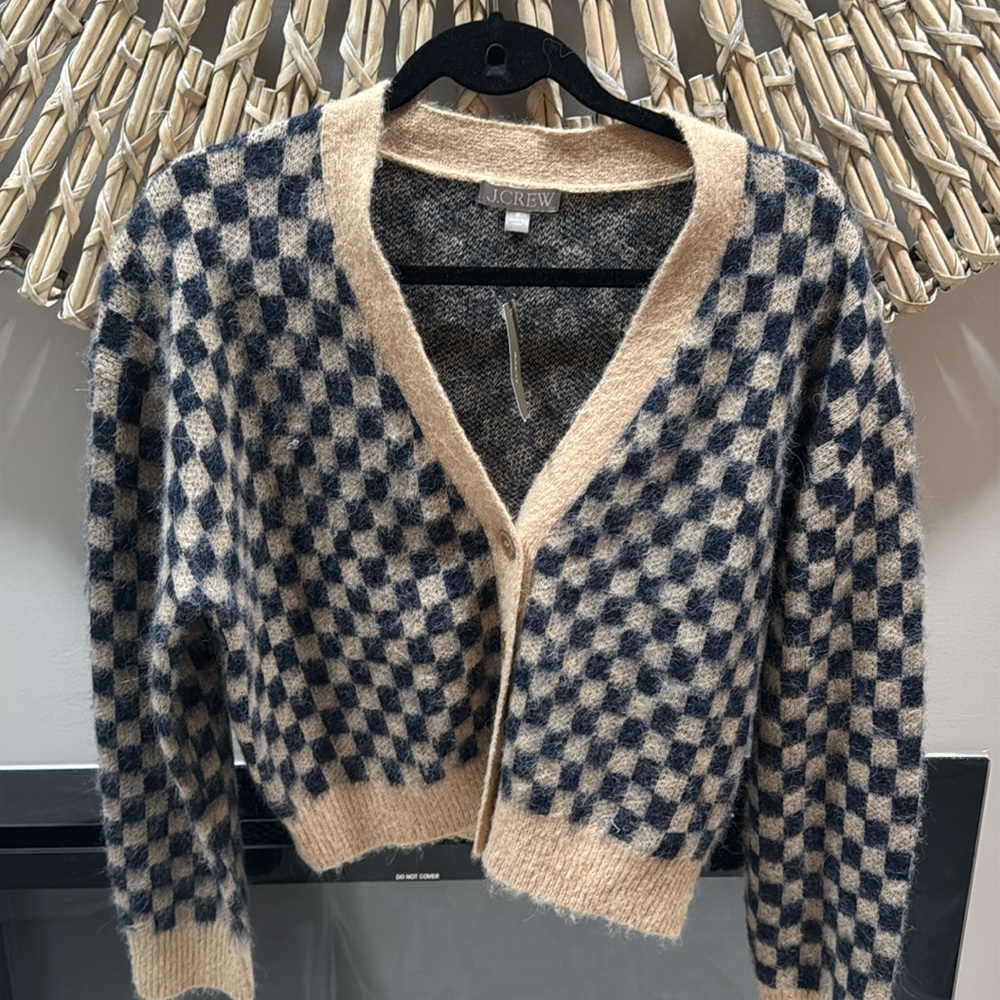 J. Crew Beige and Navy Checkered Mohair Blend Cardigan